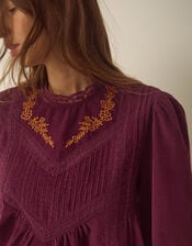 Tyra Long Sleeve Embroidered Corduroy Top, Red (BURGUNDY), large