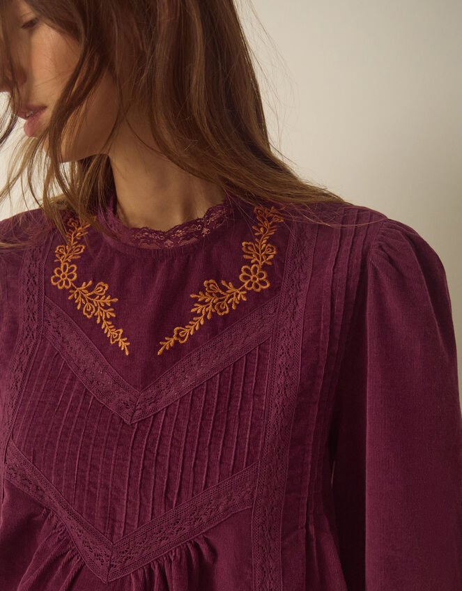 Tyra Long Sleeve Embroidered Corduroy Top, Red (BURGUNDY), large