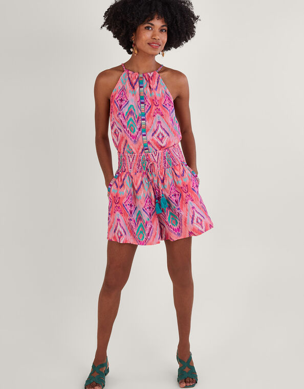 Ikat Print Tape Trim Shorts in LENZING™ ECOVERO™, Orange (CORAL), large