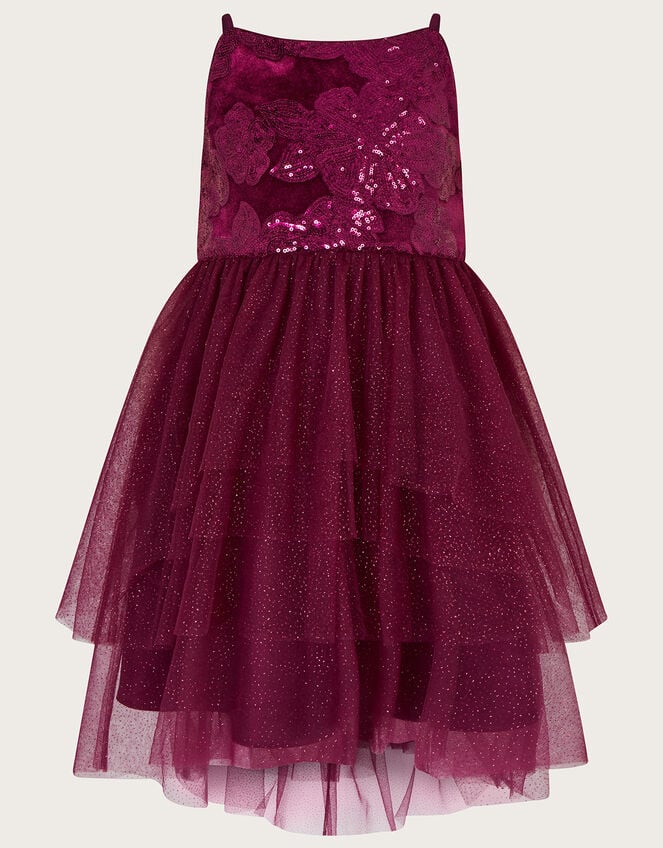 Sequin Velvet Tiered Dress, BURGANDY, large