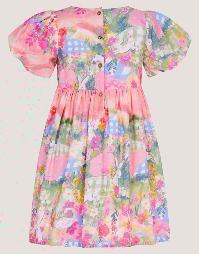 Bunny Scene Puff Sleeve Dress, Yellow (YELLOW), large