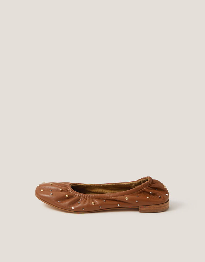 Mila Leather Stud Ballet Pumps, Tan (TAN), large