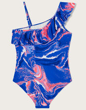 Marble Print Frill Swimsuit, Blue (BLUE), large