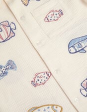 Embroidered Fish Short Sleeve Shirt, Ivory (IVORY), large