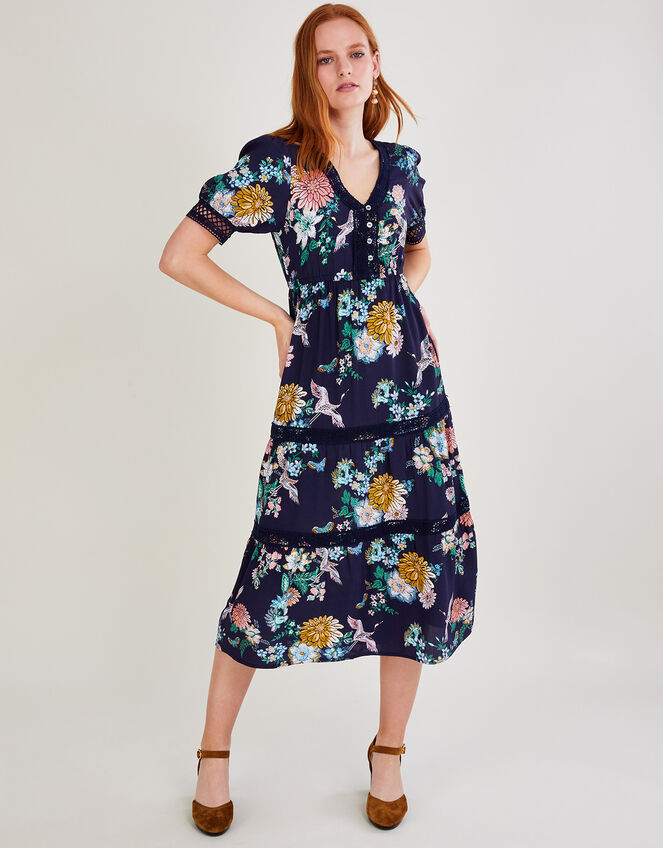 Olana Print Lace Dress in Sustainable Viscose, Blue (NAVY), large