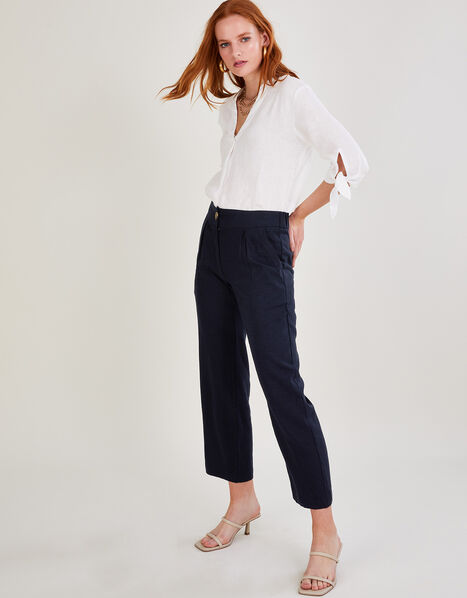 Layla Short Trousers in Linen Blend Blue, Blue (NAVY), large