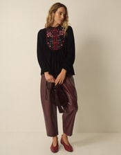 Agnes Long Sleeve Floral Embroidered Velvet Top, Black (BLACK), large
