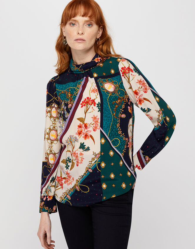 Pearly Queen Print High Neck Blouse, Teal (TEAL), large