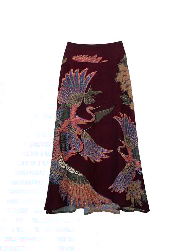 One Hundred Stars Crane Print Midi Skirt, Purple (PLUM), large