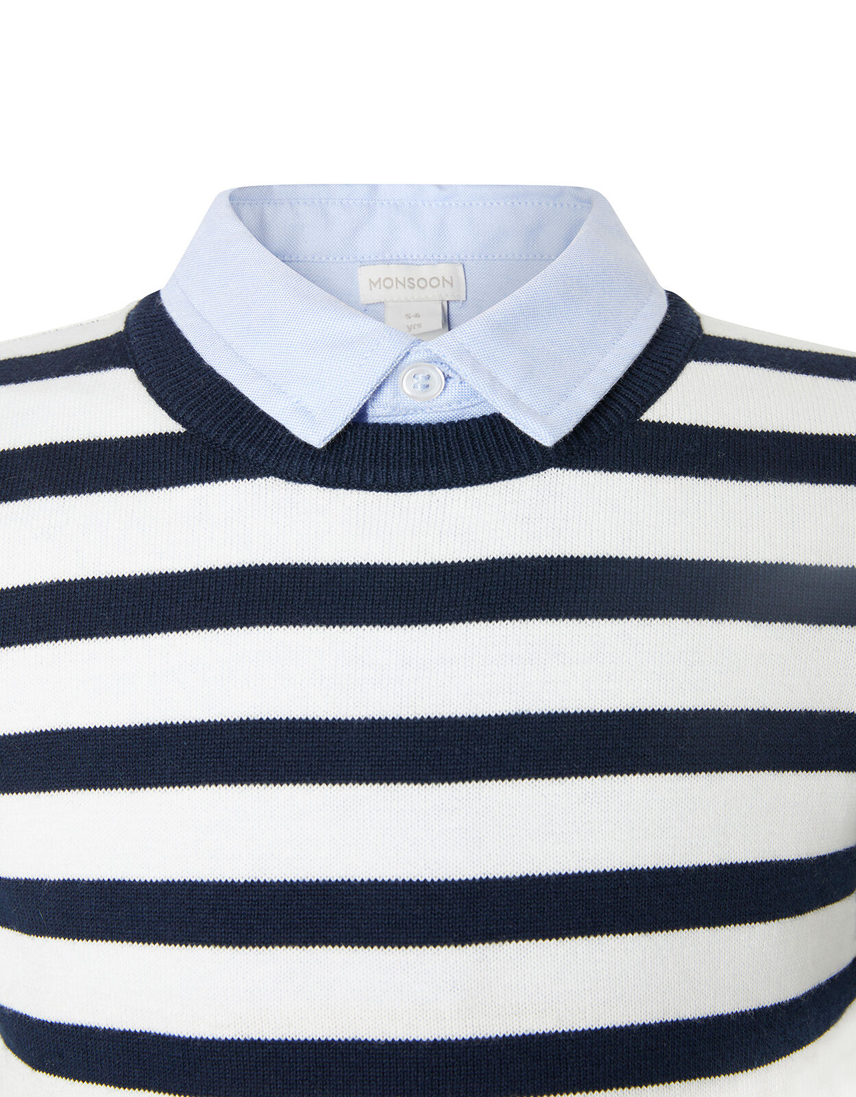 navy blue jumper with white collar