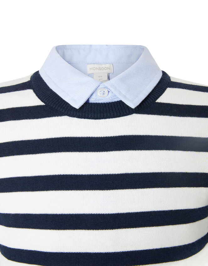 Stripe Knit Jumper with Collar, Blue (NAVY), large