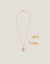 Diamanté Butterfly Necklace and Hair Clip Set, , large