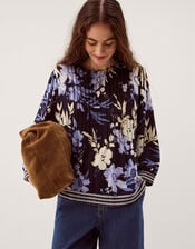 Nicolette Floral Linen Blend Top, Blue (NAVY), large