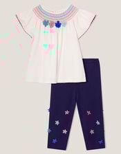 3D Flower Embroidered Top and Leggings Set, Ivory (IVORY), large