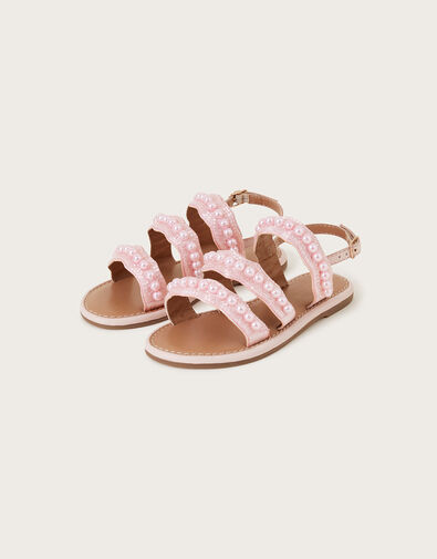 Leather Pearl Embellished Sandals, Pink (PINK), large