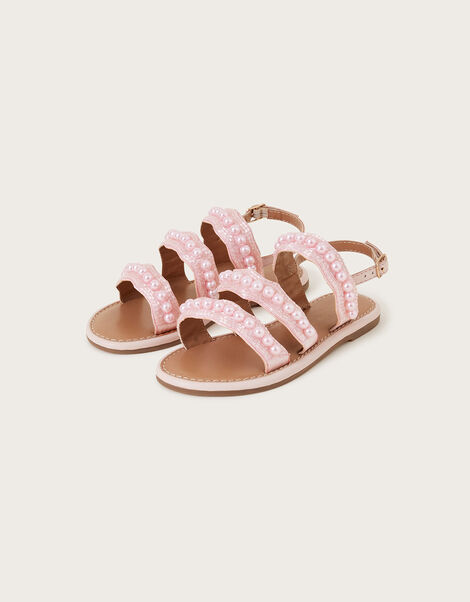 Leather Pearl Embellished Sandals, Pink (PINK), large