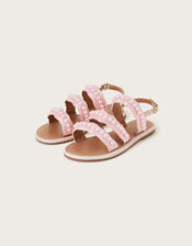 Leather Pearl Embellished Sandals, Pink (PINK), large