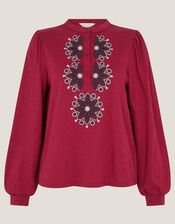 Esme Embroidered Jersey Blouse, Red (BURGUNDY), large