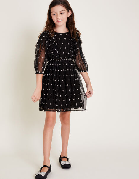 Star Print Tulle Dress, Black (BLACK), large