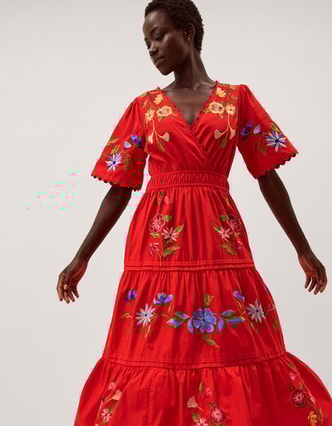 Emma Floral Embroidered Midi Dress, Red (RED), large