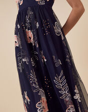 Ellen Floral Embroidery Midi Dress in Recycled Fabric, Blue (NAVY), large
