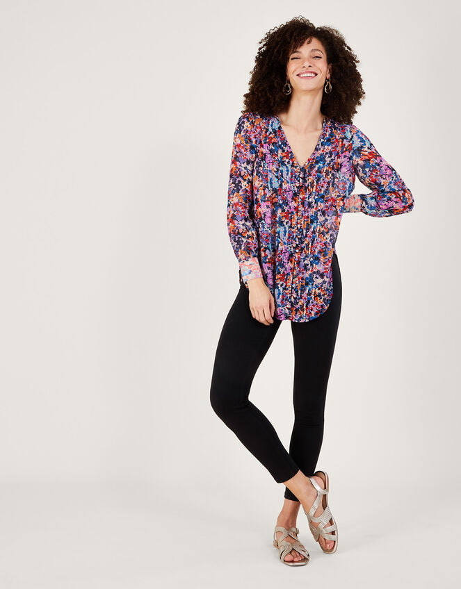 Palmer Print Pleated Blouse, Ivory (IVORY), large