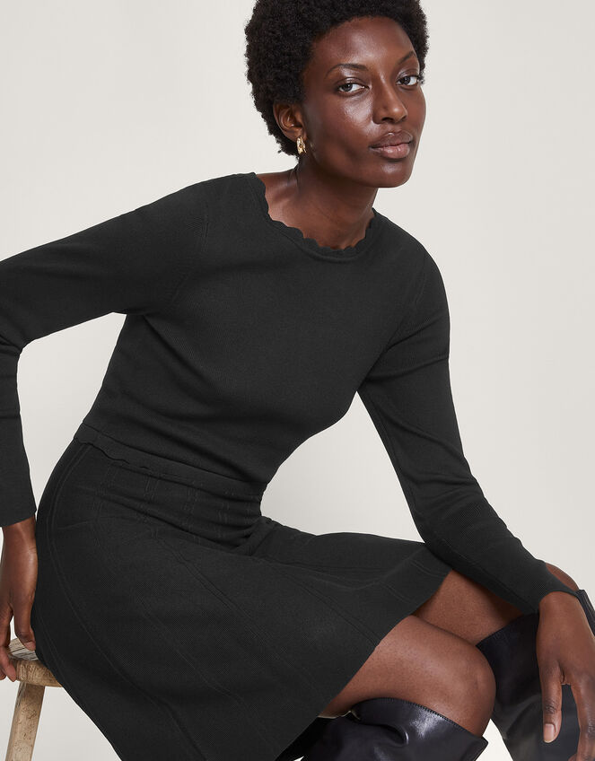 Tie Back Scallop Neck Dress, Black (BLACK), large