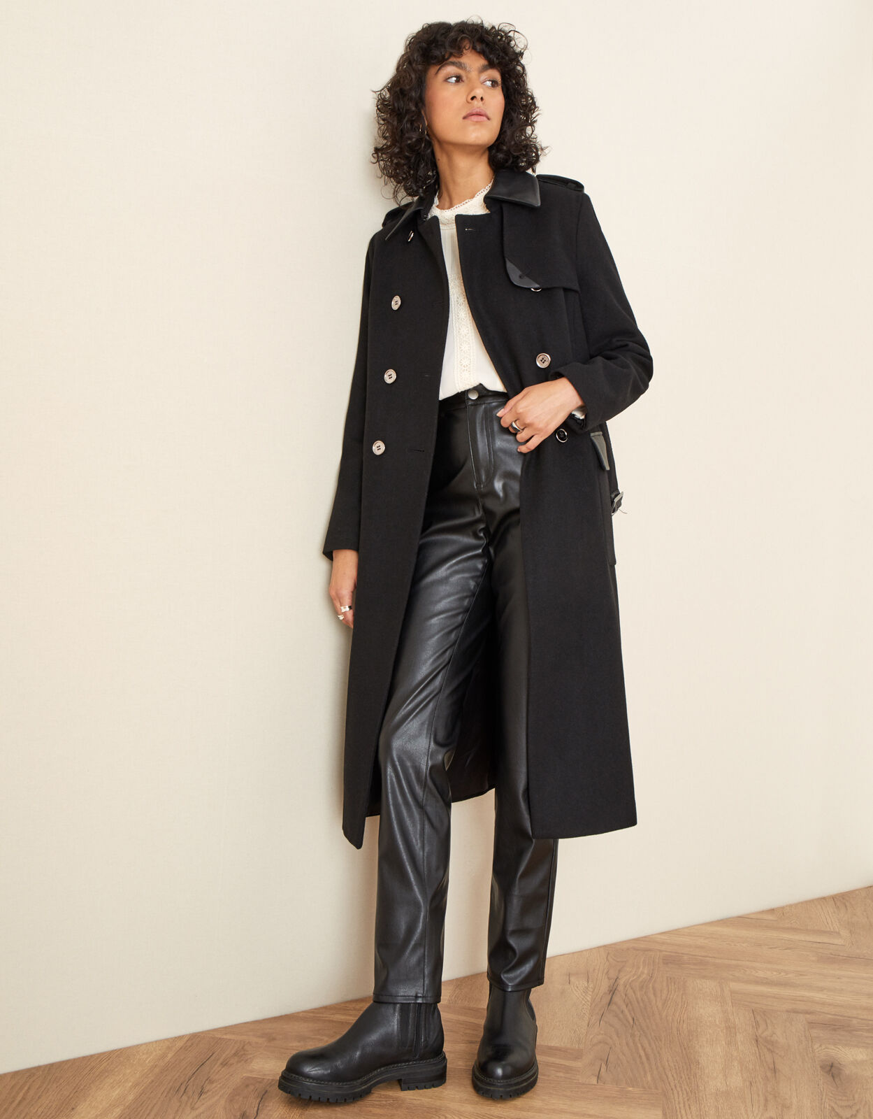 Black wool trench coat ladies on sale