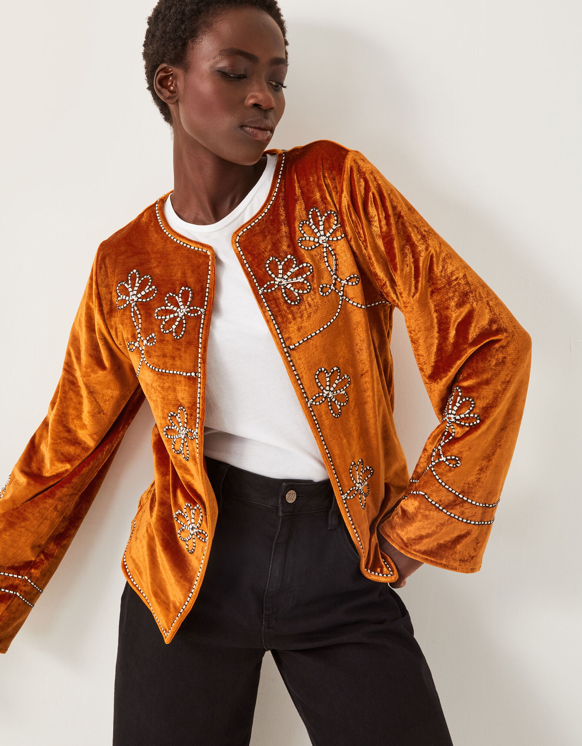 Venus Embroidered Velvet Jacket Orange | Jackets | Monsoon US.