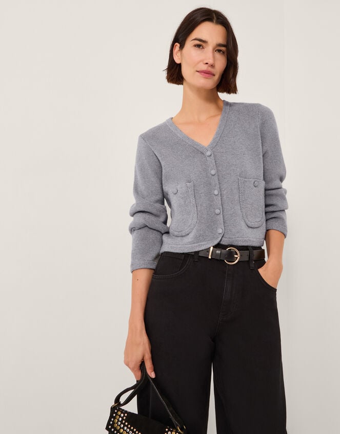 Viola V-Neck Cropped Cardigan, Gray (GREY), large