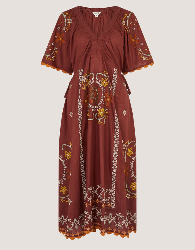 Greta Short Sleeve Embroidered Midi Dress, Brown (BROWN), large