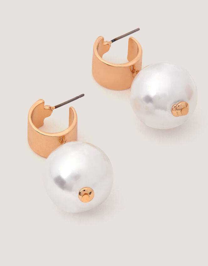 Chunky Pearl Drop Hoop Earrings, , large