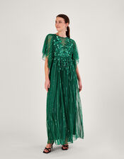 Ottilie Embellished Maxi Dress in Recycled Polyester, Green (GREEN), large