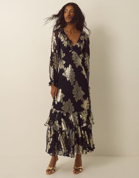 Rowena V-Neck Ruffle Metallic Jacquard Midi Dress, Black (BLACK), large