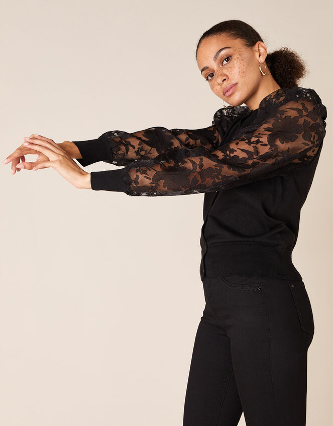Floral Sleeve Cardigan with Recycled Fabric, Black (BLACK), large