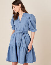 Puff Sleeve Belted Denim Dress, Blue (DENIM BLUE), large