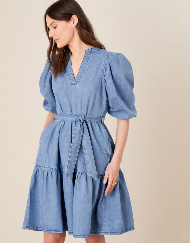 Puff Sleeve Belted Denim Dress, Blue (DENIM BLUE), large