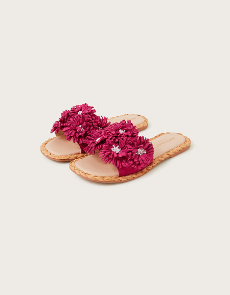 Raffia Floral Suede Sliders, Pink (PINK), large