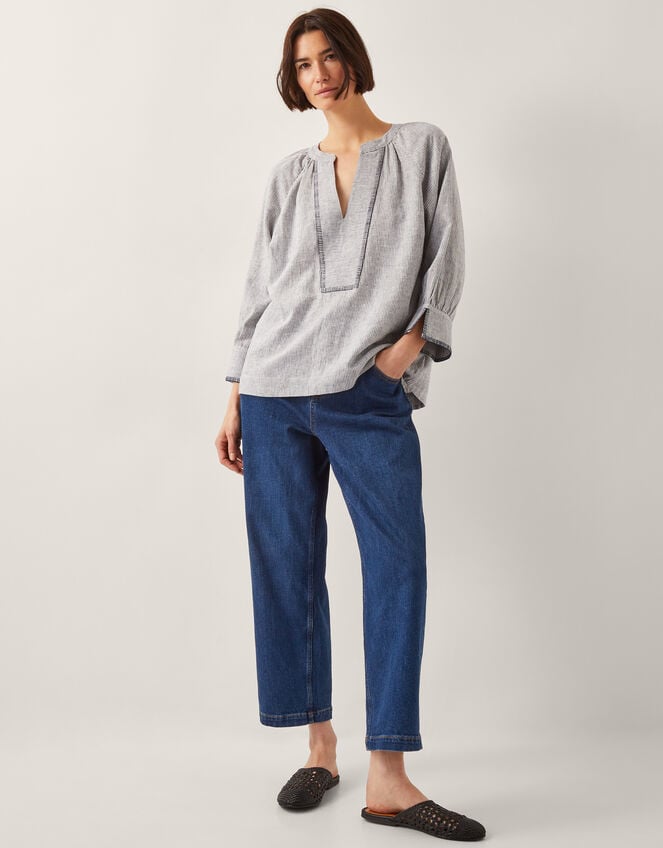 Frida Linen-Blend Stripe Top, Blue (BLUE), large