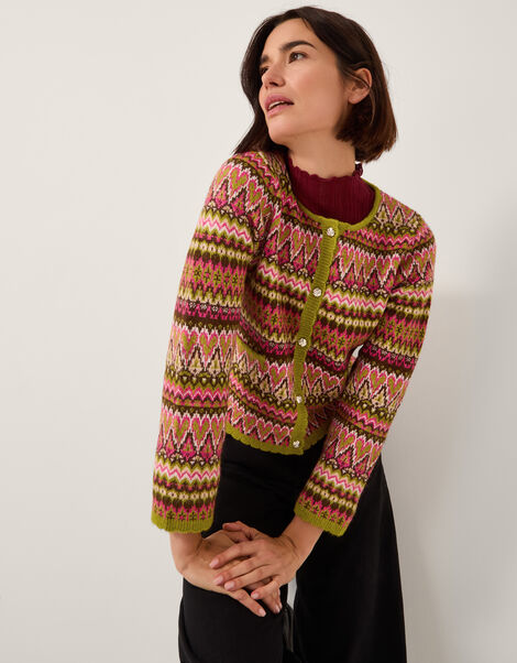 Fiona Fair Isle Cardigan, Pink (PINK), large