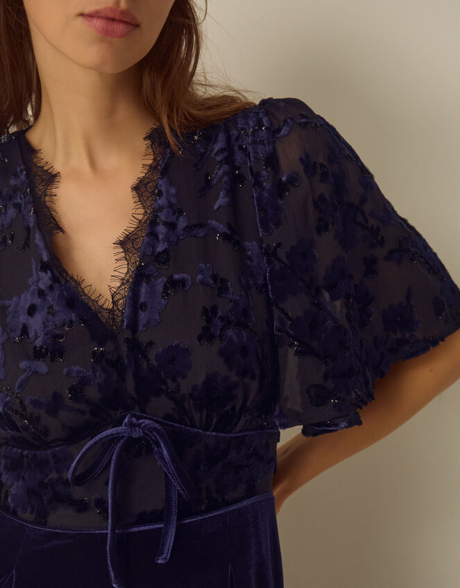 Nadine Floral Devor&eacute; Velvet Jumpsuit, Blue (NAVY), large