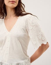 Freya V-Neck Floral Broderie Top, Ivory (IVORY), large