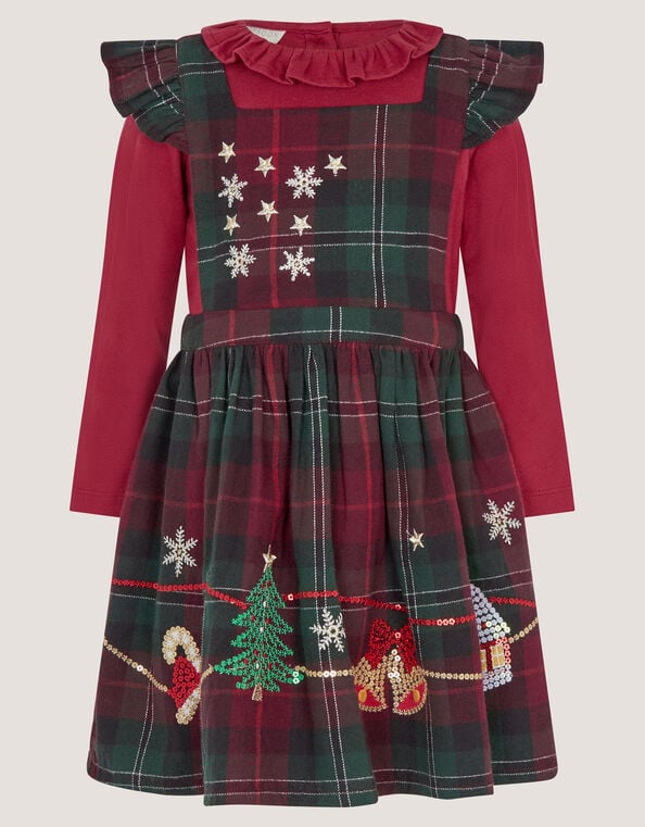 Baby Christmas Top & Tartan Pinafore Dress Set, Red (BURGUNDY), large