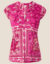 Scarf Print Button Through Jersey Top , Pink (PINK), large