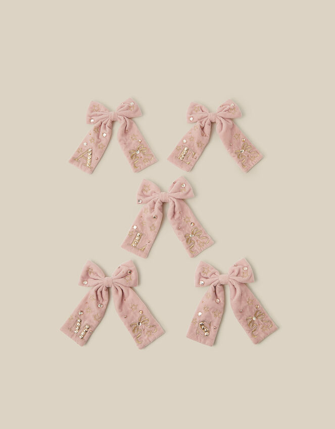 Embellished Velvet Initial Bow Clip, Pink (PINK), large