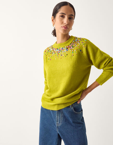 Samara Sequin Collar Jumper, Green (OLIVE), large