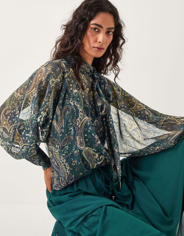 Marianna Sheer Paisley Pussybow Blouse, Green (GREEN), large