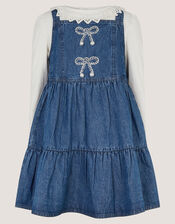 Long Sleeve Top & Denim Pinafore Dress Set , Blue (BLUE), large