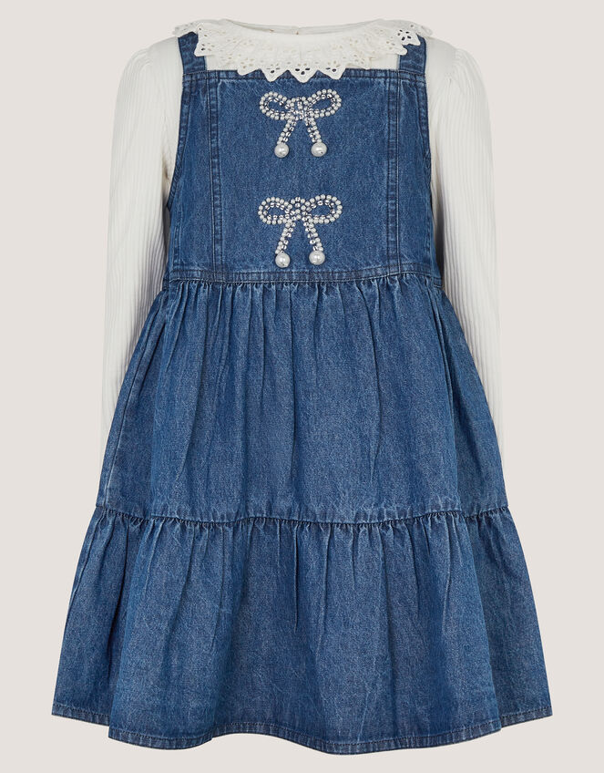 Long Sleeve Top & Denim Pinafore Dress Set , Blue (BLUE), large