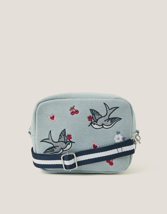 Embroidered Denim Cross Body Bag, , large